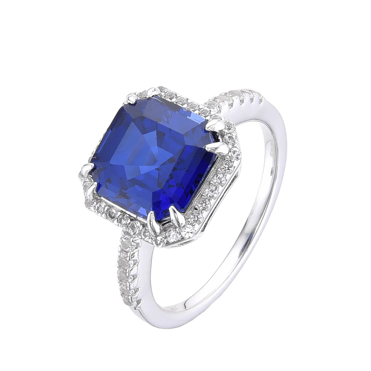 Ceylon Sapphire Asscher Cut Halo Ring