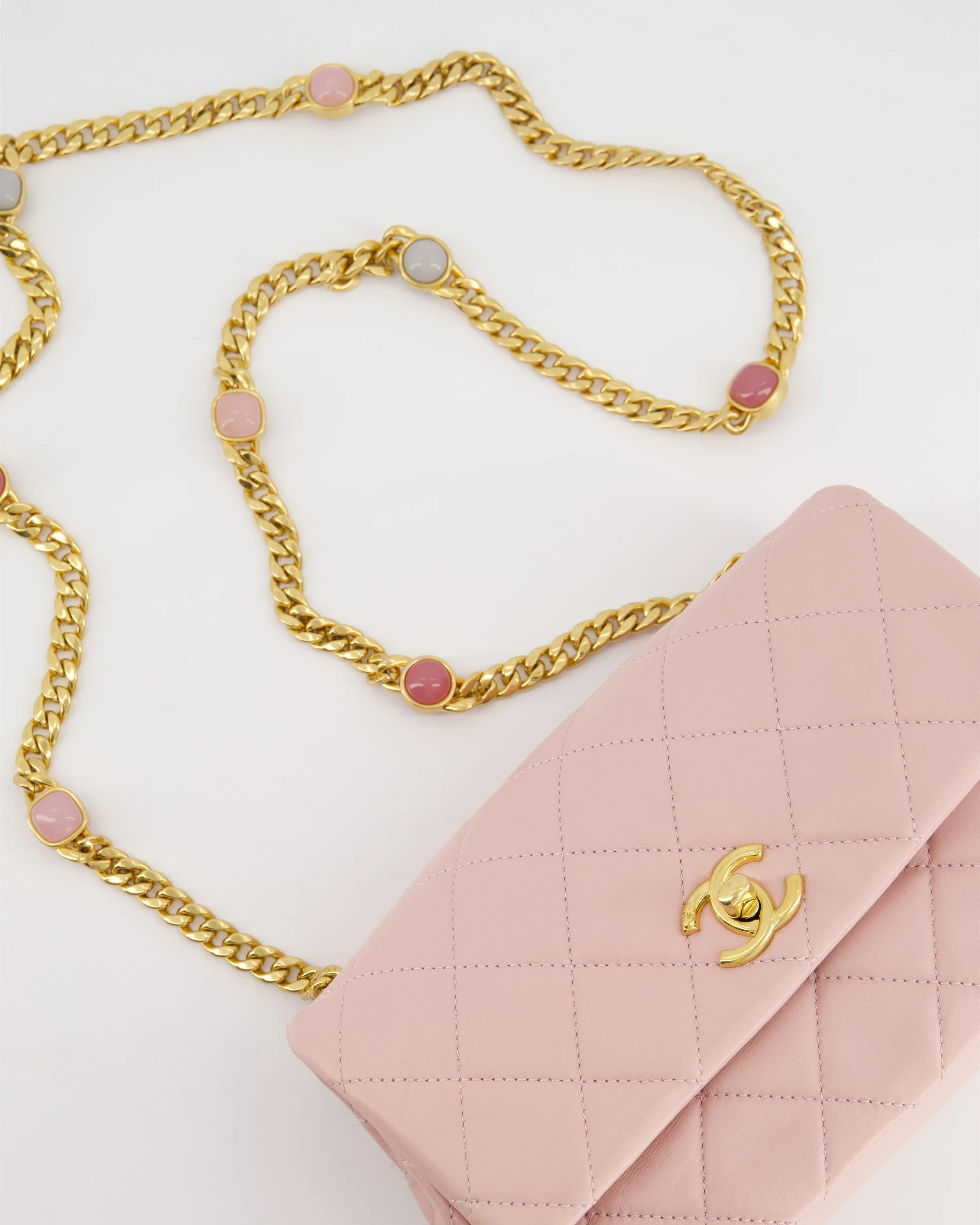 Chanel Baby Mini Flap Bag With Pastel Embellished Chain Detail In Lambskin Leather And Gold Hardware