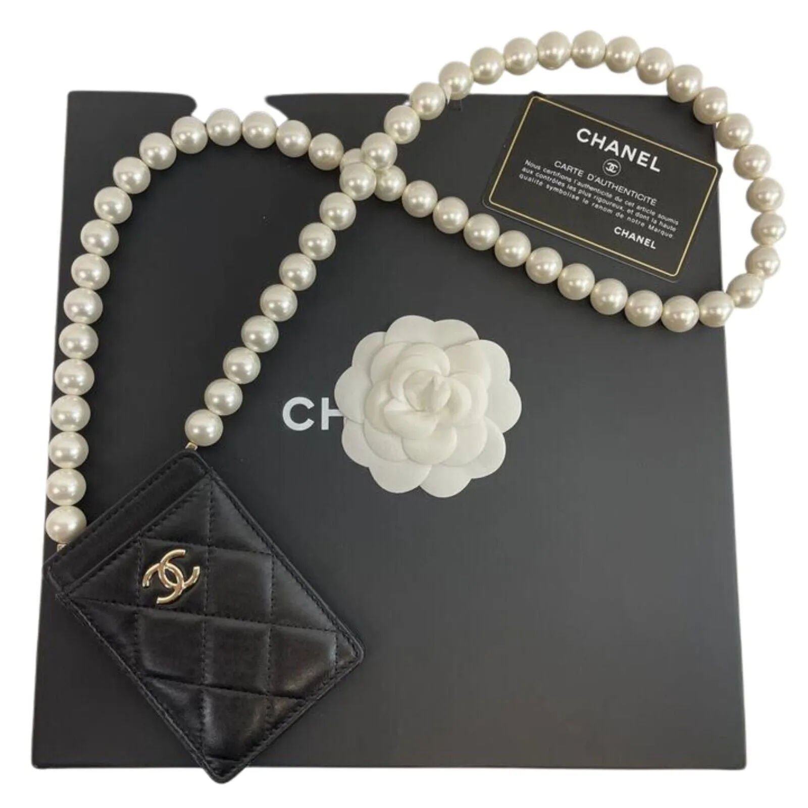 CHANEL - CC Card Holder With Pearl Chain Shoulder Strap