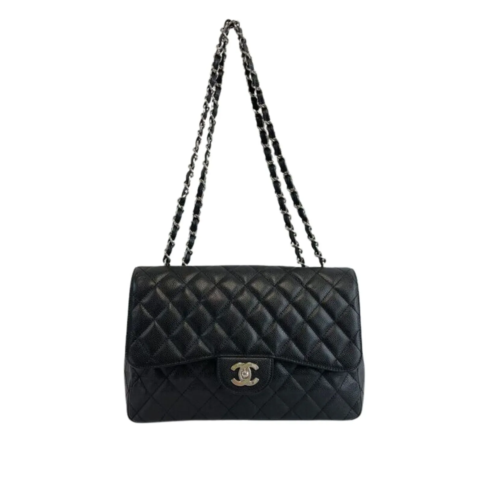 CHANEL - CC Caviar Leather Black Jumbo Single Flap Shoulder Bag