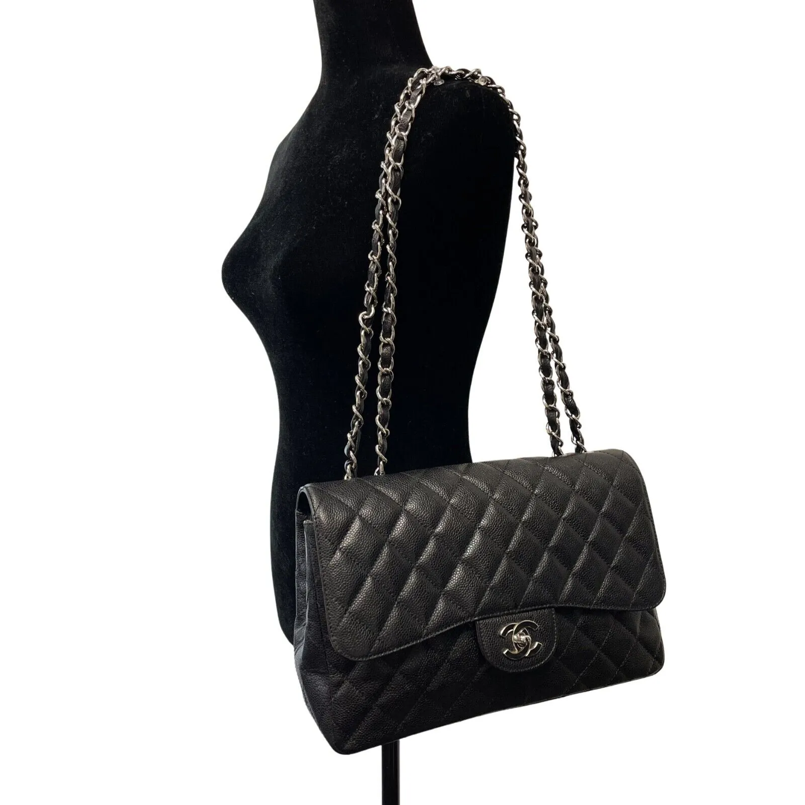 CHANEL - CC Caviar Leather Black Jumbo Single Flap Shoulder Bag