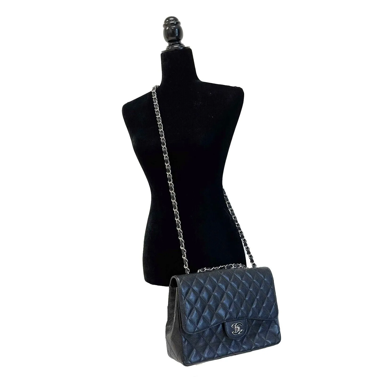 CHANEL - CC Caviar Leather Black Jumbo Single Flap Shoulder Bag