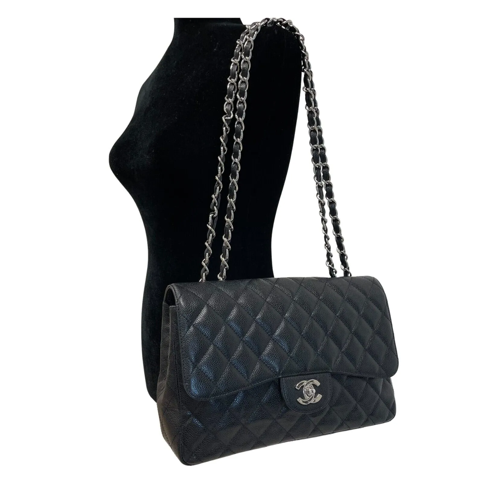 CHANEL - CC Caviar Leather Black Jumbo Single Flap Shoulder Bag