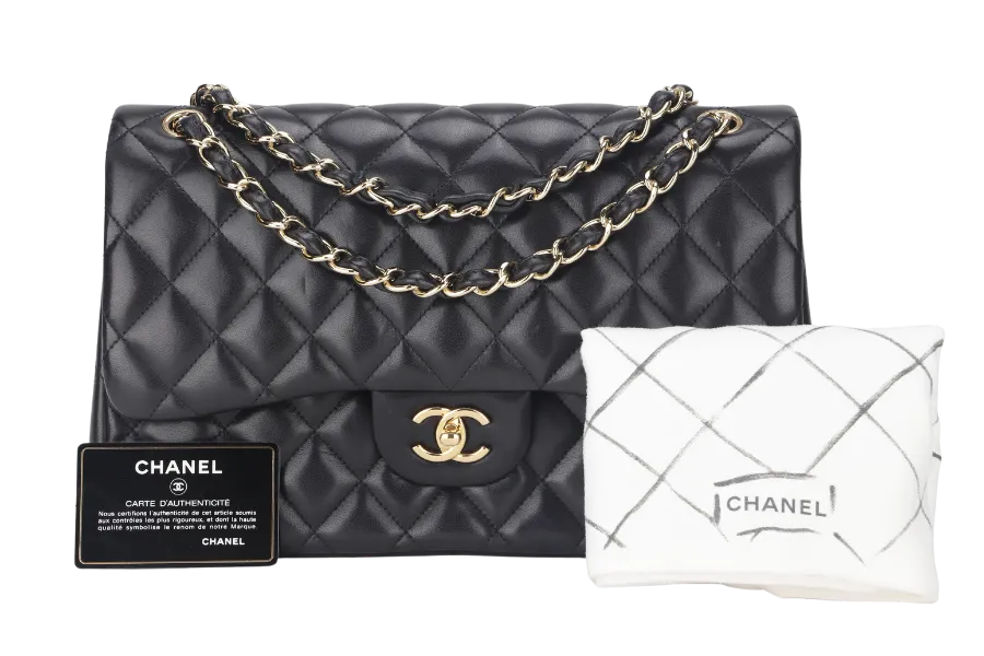 CHANEL CLASSIC DOUBLE FLAP JUMBO BLACK LAMBSKIN LEATHER GHW (1685xxxx) WITH CARD AND DUST COVER