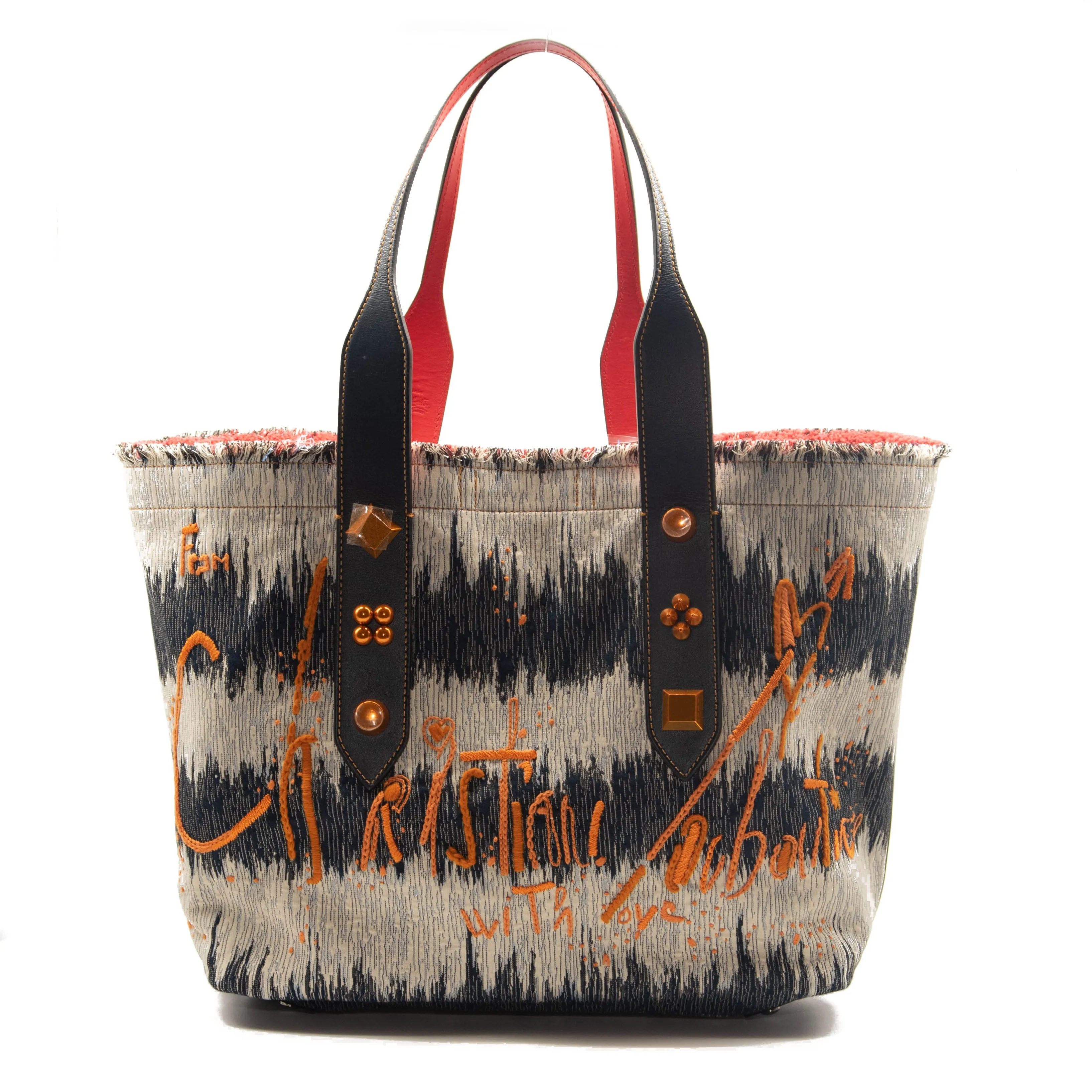 Christian Louboutin Frangibus Medium Embroidered Tote Denim Orange Logo