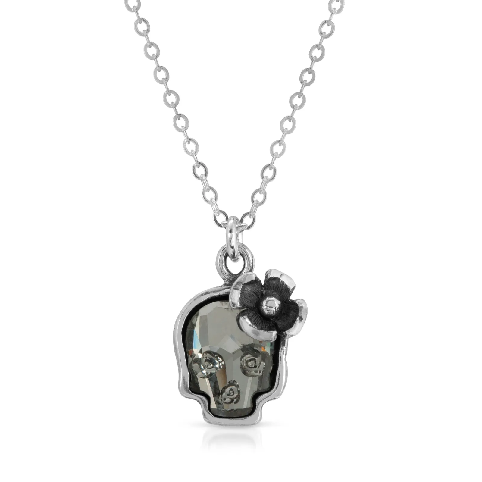 Clear Black Flower Skull Necklace