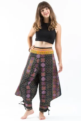 Clovers Thai Hill Tribe Fabric Women's Harem Pants with Ankle Straps in Black Pink