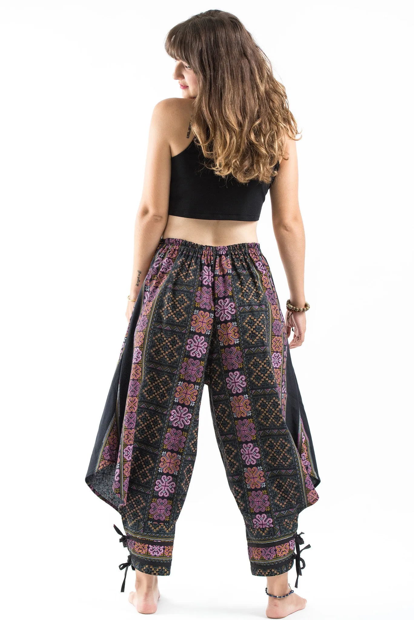 Clovers Thai Hill Tribe Fabric Women's Harem Pants with Ankle Straps in Black Pink