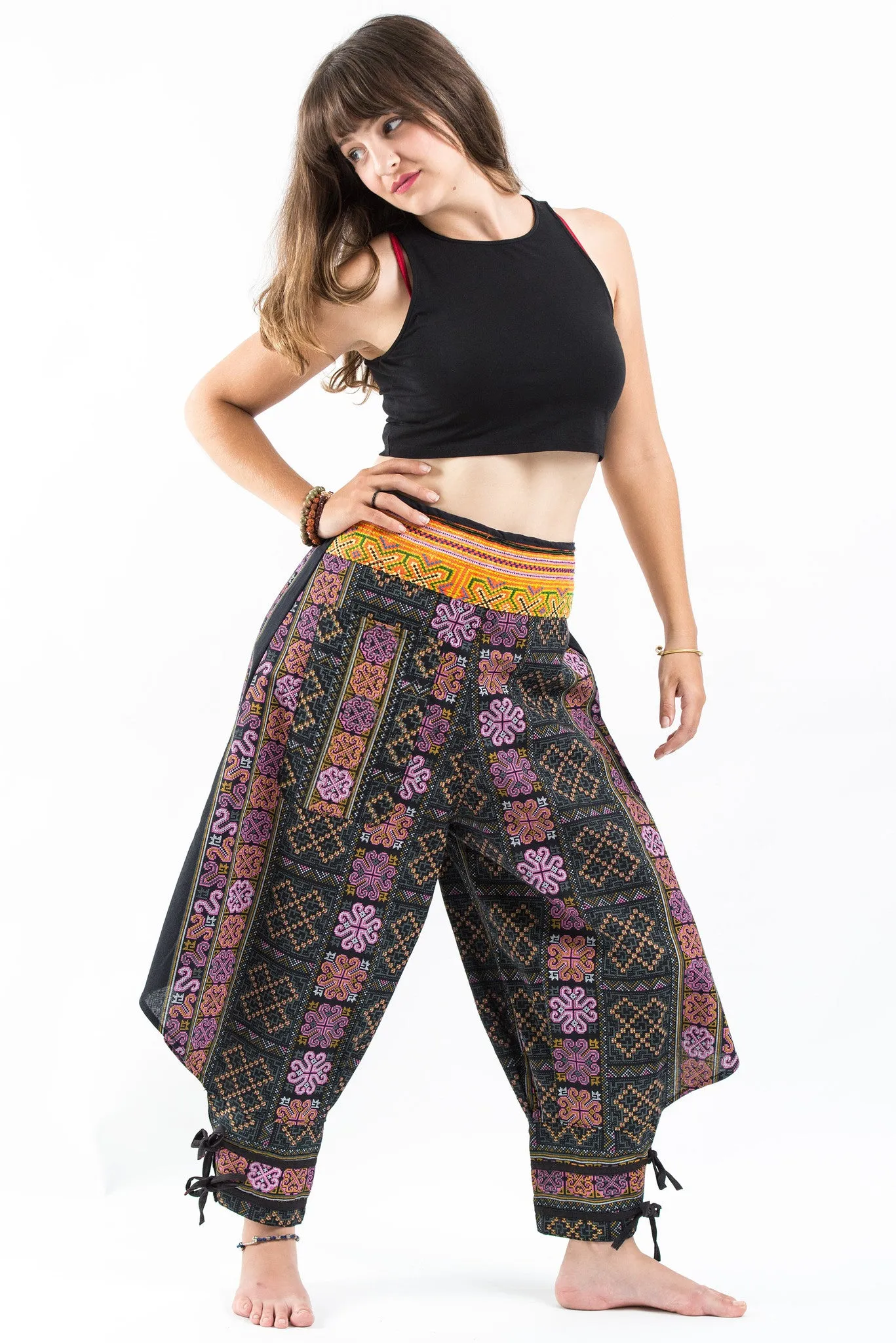 Clovers Thai Hill Tribe Fabric Women's Harem Pants with Ankle Straps in Black Pink