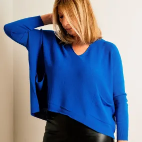 Cobalt Blue Structured Knit Double Pocket V Neck Easy Wear Top