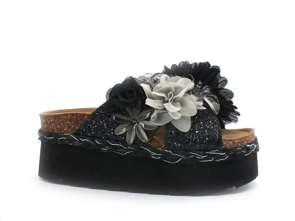 COLORS OF CALIFORNIA Ciabatta Platform Glitter Fiore Black HC.BES041