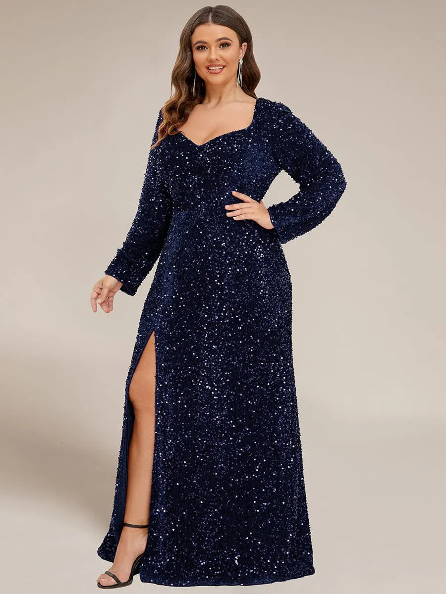 Custom Size Long Sleeve Sequin Front Slit Bodycon Evening Dress