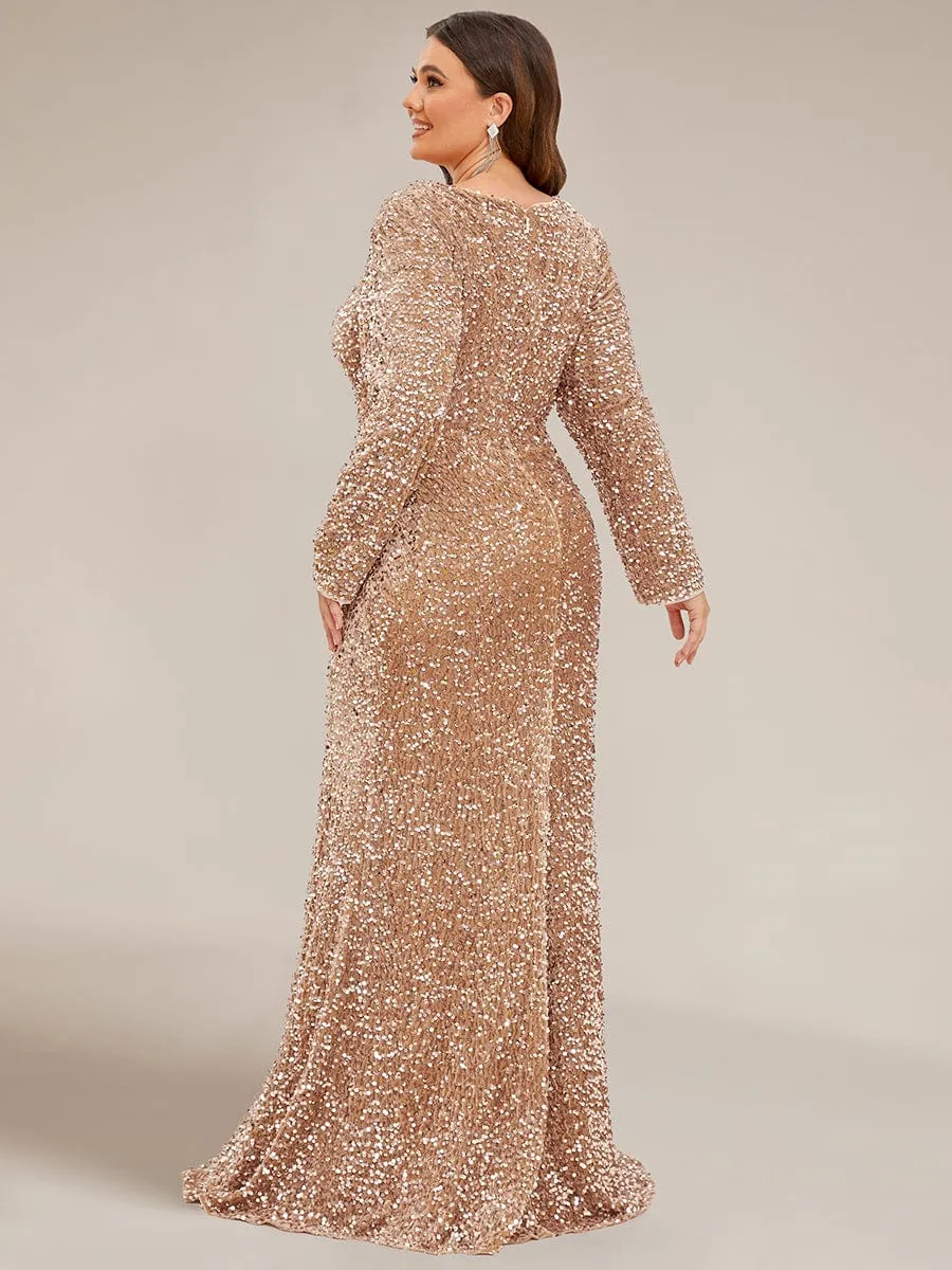 Custom Size Long Sleeve Sequin Front Slit Bodycon Evening Dress