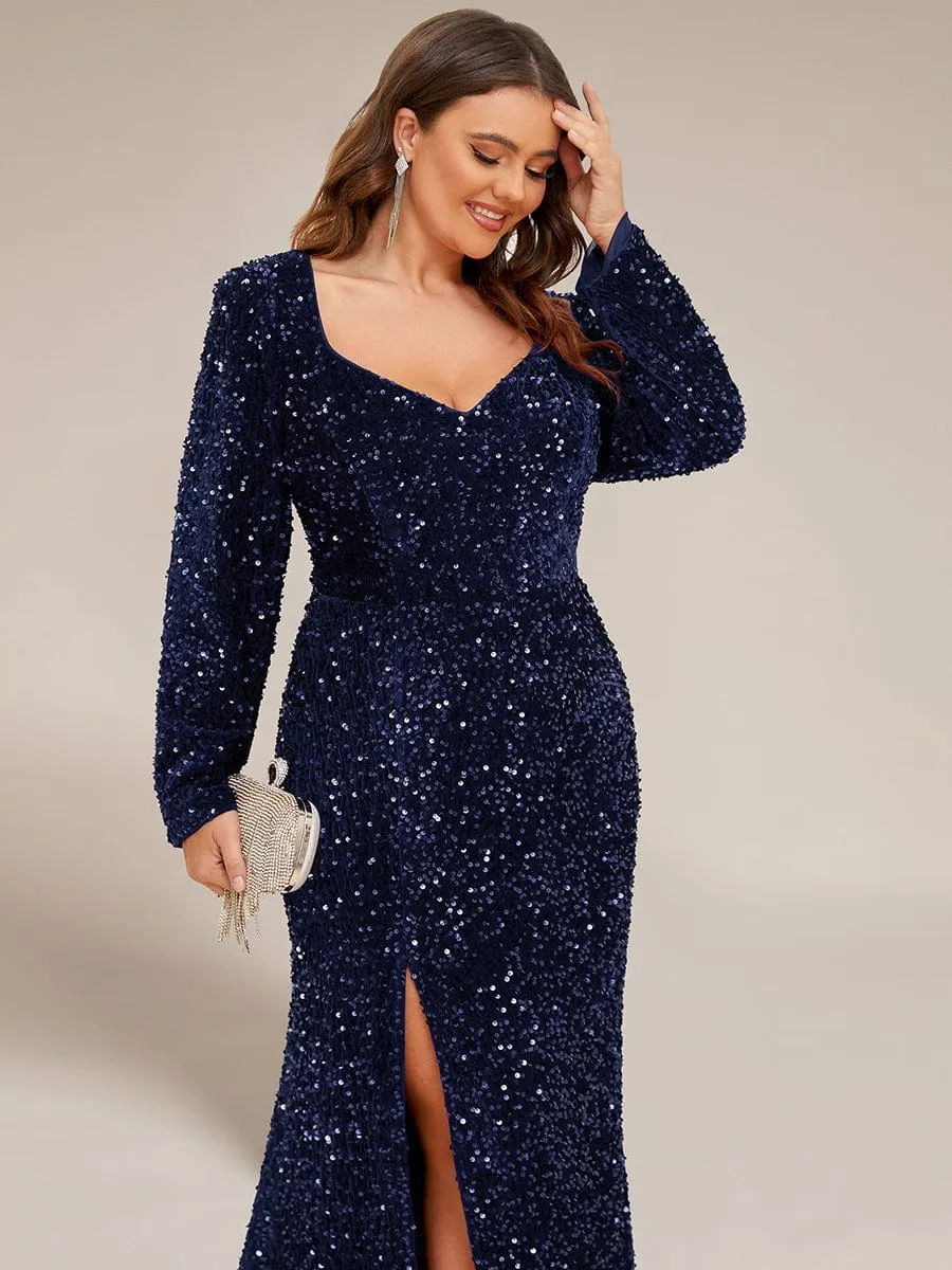 Custom Size Long Sleeve Sequin Front Slit Bodycon Evening Dress