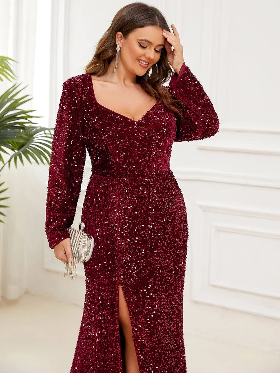 Custom Size Long Sleeve Sequin Front Slit Bodycon Evening Dress