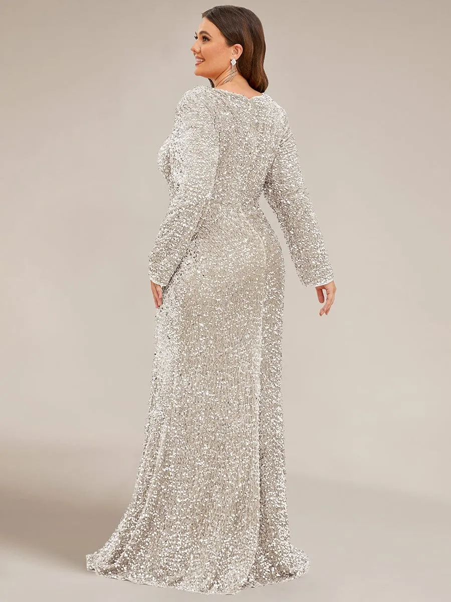 Custom Size Long Sleeve Sequin Front Slit Bodycon Evening Dress