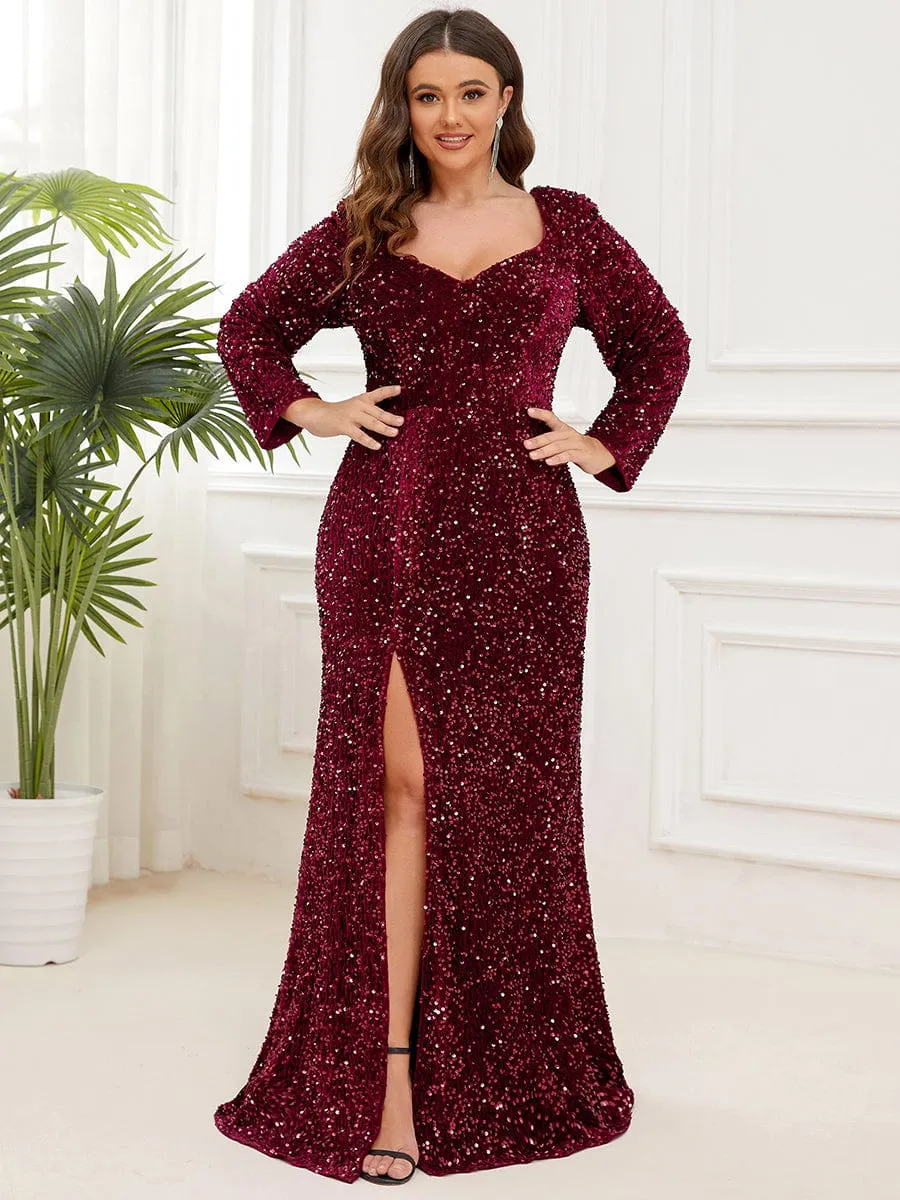 Custom Size Long Sleeve Sequin Front Slit Bodycon Evening Dress