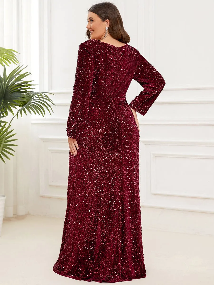 Custom Size Long Sleeve Sequin Front Slit Bodycon Evening Dress