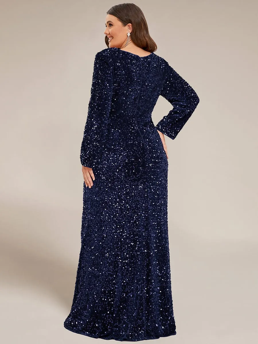 Custom Size Long Sleeve Sequin Front Slit Bodycon Evening Dress