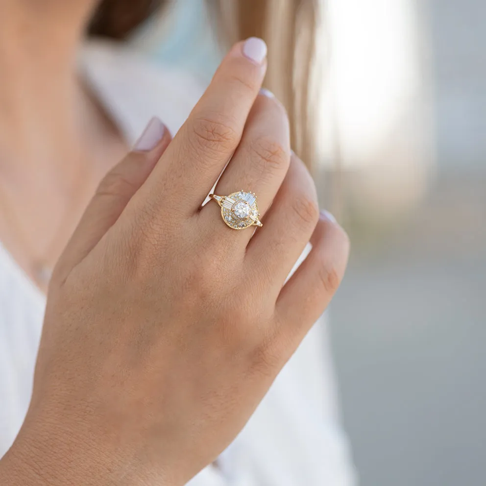 Diamond Halo Ring with Needle Cut Baguette Diamonds and Hearts