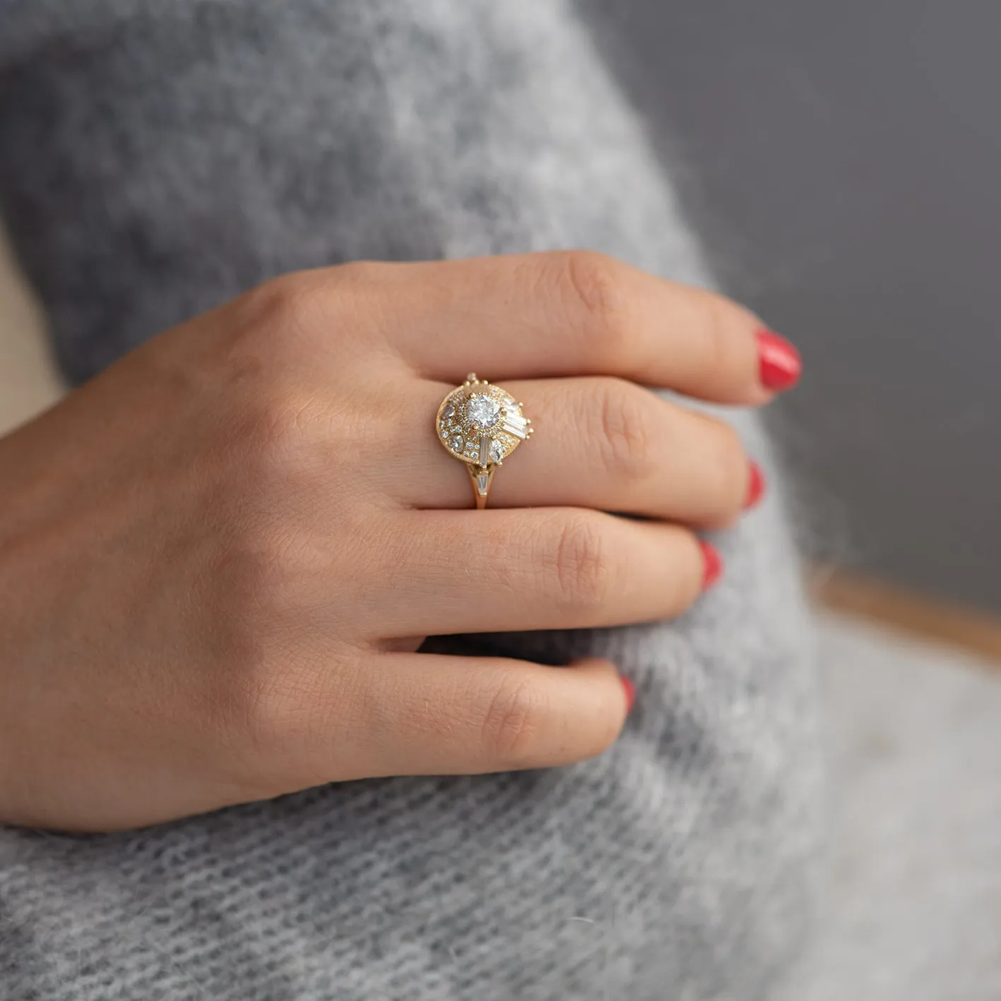 Diamond Halo Ring with Needle Cut Baguette Diamonds and Hearts