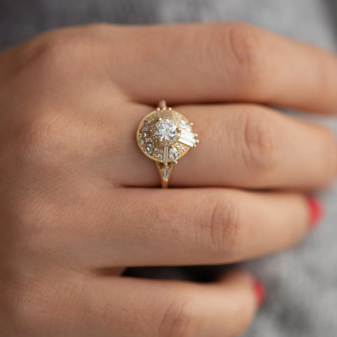 Diamond Halo Ring with Needle Cut Baguette Diamonds and Hearts