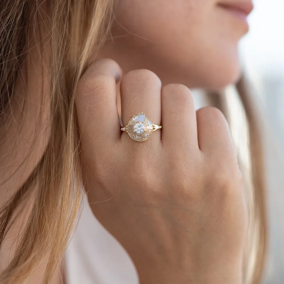 Diamond Halo Ring with Needle Cut Baguette Diamonds and Hearts