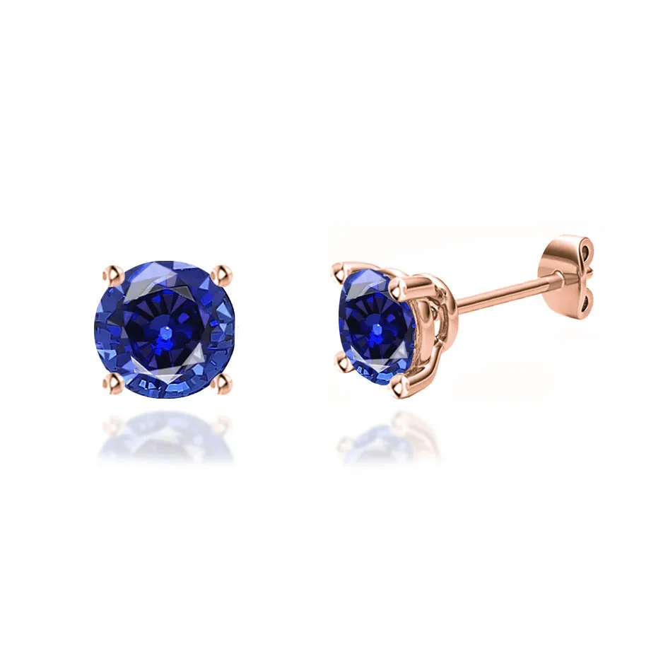 DOVE - Round Blue Sapphire 18k Rose Gold Stud Earrings