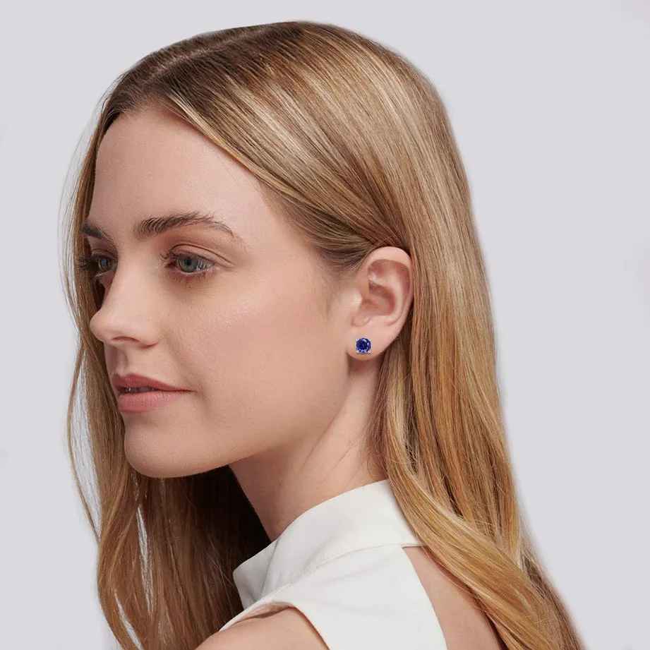 DOVE - Round Blue Sapphire 18k Rose Gold Stud Earrings