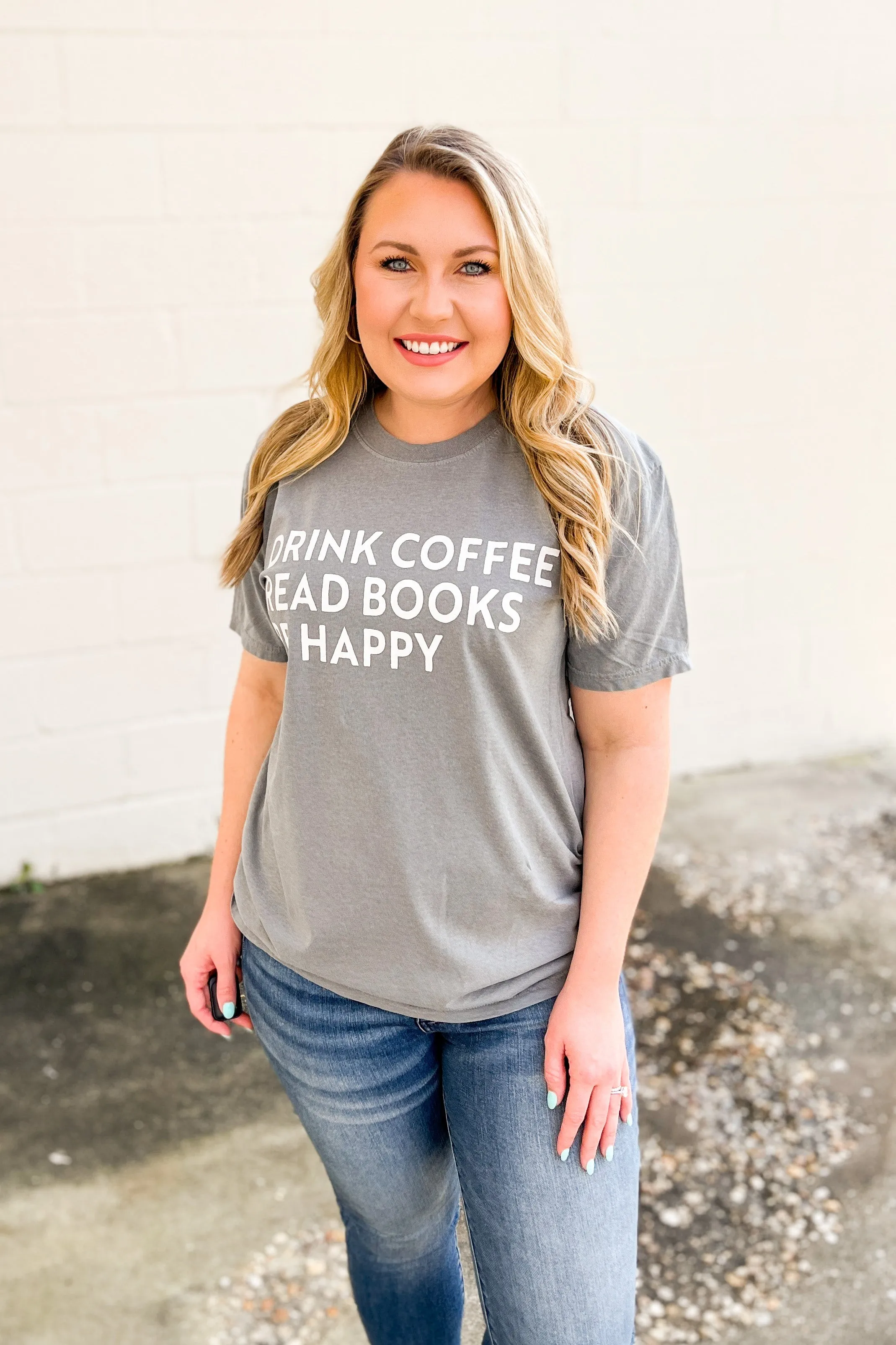 Drink Coffee Read Books Be Happy Graphic Tee, Grey