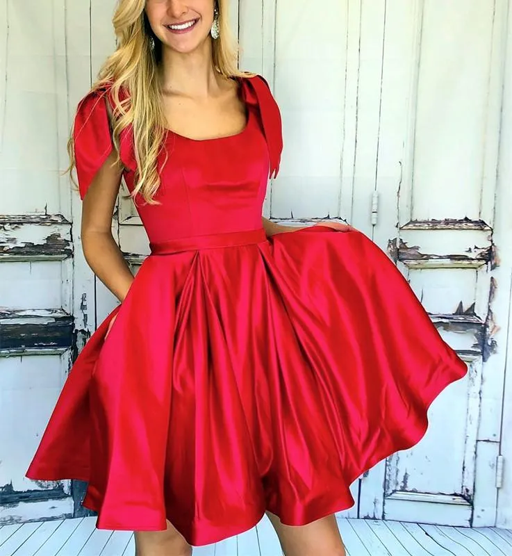 Elegant Bow Shoulders Ruffles Satin Homecoming Dresses