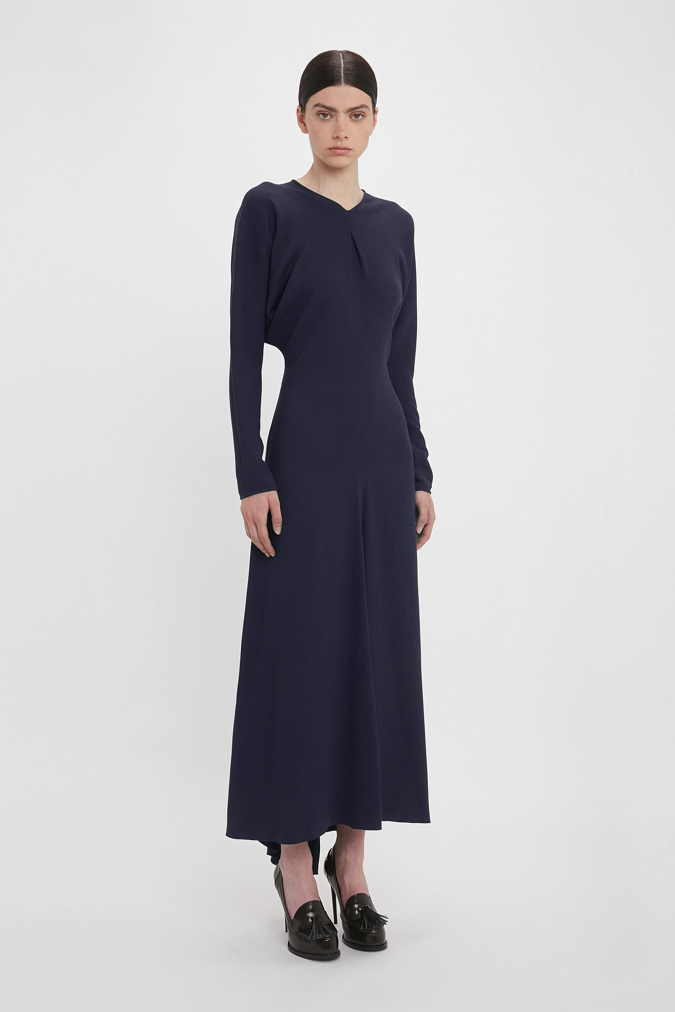 Exclusive Long Sleeve Draped Midi Dress In Ink Blue