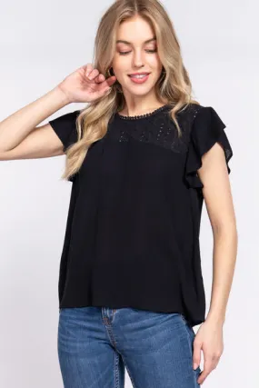 Explore More Collection - ACTIVE BASIC Ruffle Short Sleeve Crochet Blouse