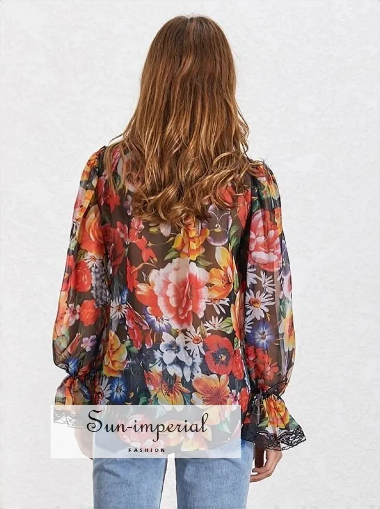 Galilea top - Sheer Floral Print Women Blouse Bowknot Collar Flare Sleeve Loose Shirt