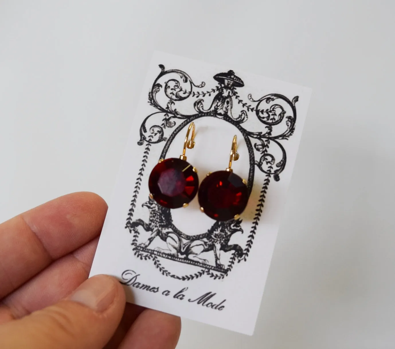 Garnet Red Crystal Earrings - Medium Round