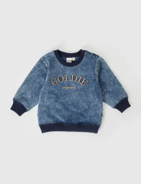 GOLDIE CREW EMBROIDERED DENIM LOOK SWEATER