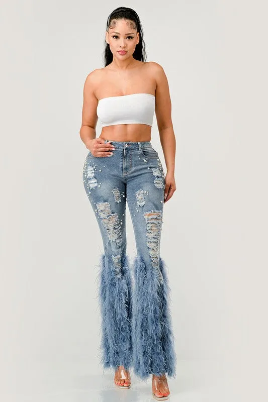 High Fashion- Distressed Pearl Embellished Feather Detail Jeans