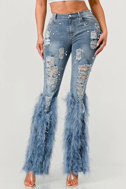 High Fashion- Distressed Pearl Embellished Feather Detail Jeans