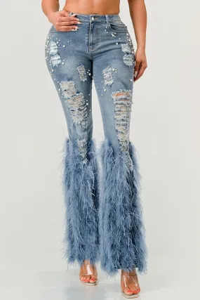 High Fashion- Distressed Pearl Embellished Feather Detail Jeans