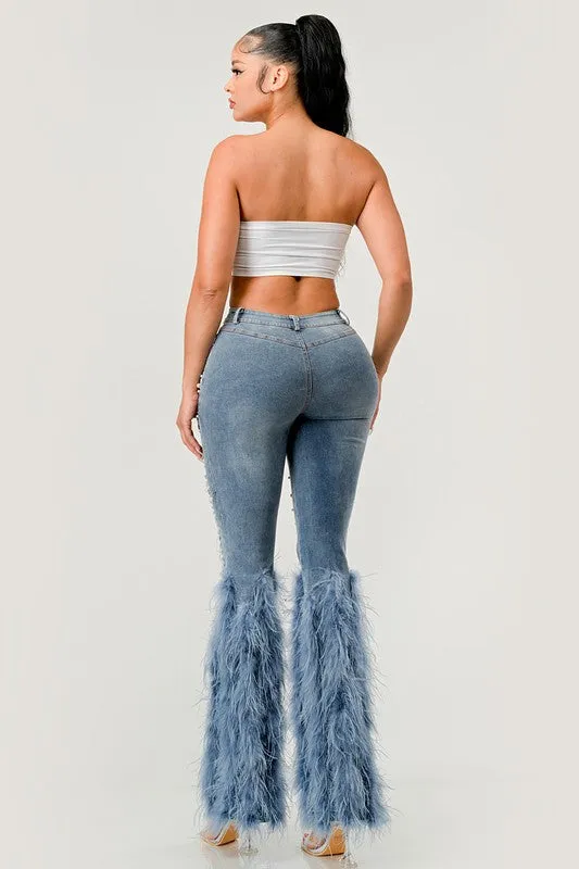 High Fashion- Distressed Pearl Embellished Feather Detail Jeans