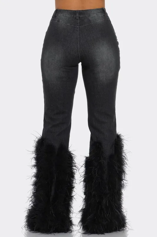 High Fashion- Distressed Pearl Embellished Feather Detail Jeans