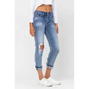 High Rise Button Fly Cuffed Boyfriend Jeans