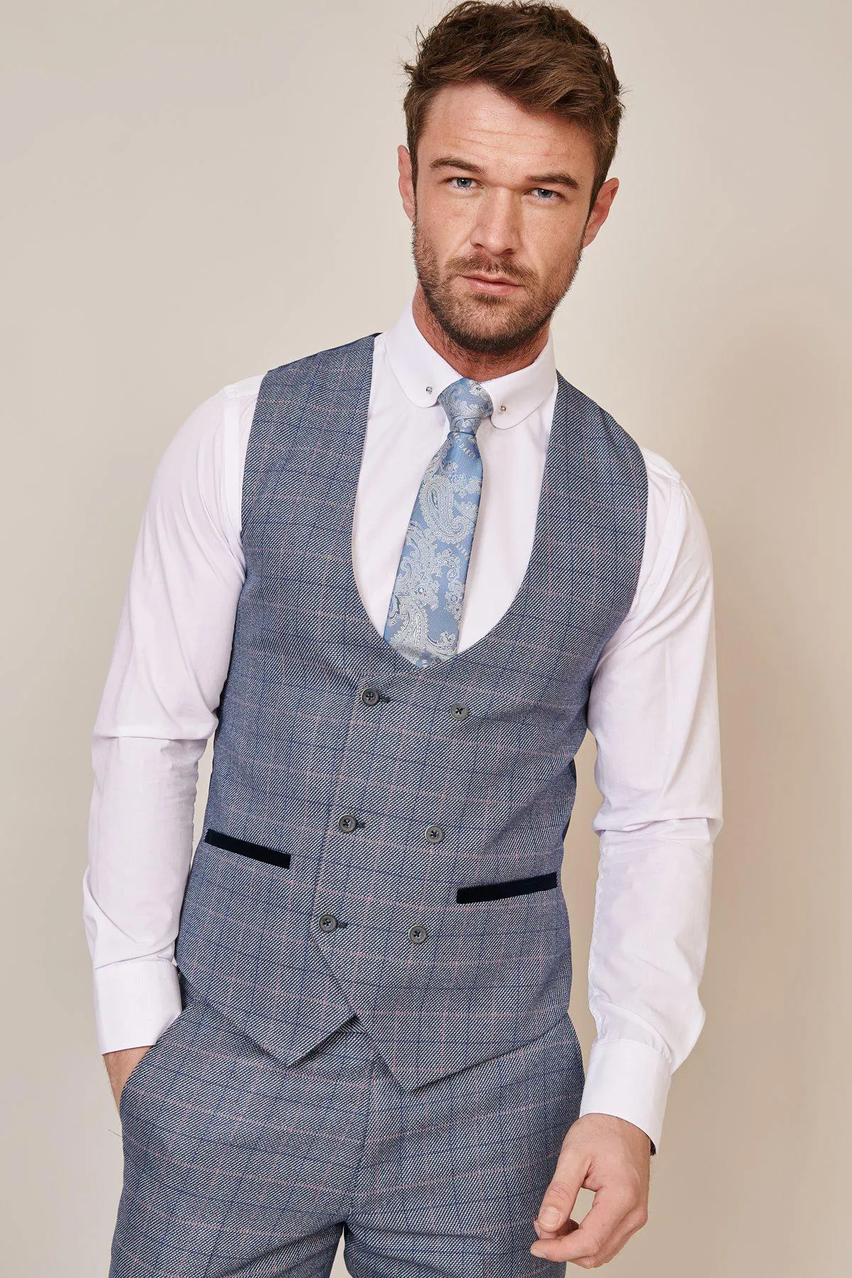 HILTON - Blue Tweed Check Double Breasted Waistcoat