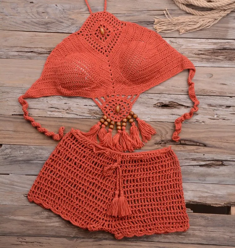 Hollow Out Cutout Beach Handmade Crochet Dangling Beads Split Bikini Swimsuit Set