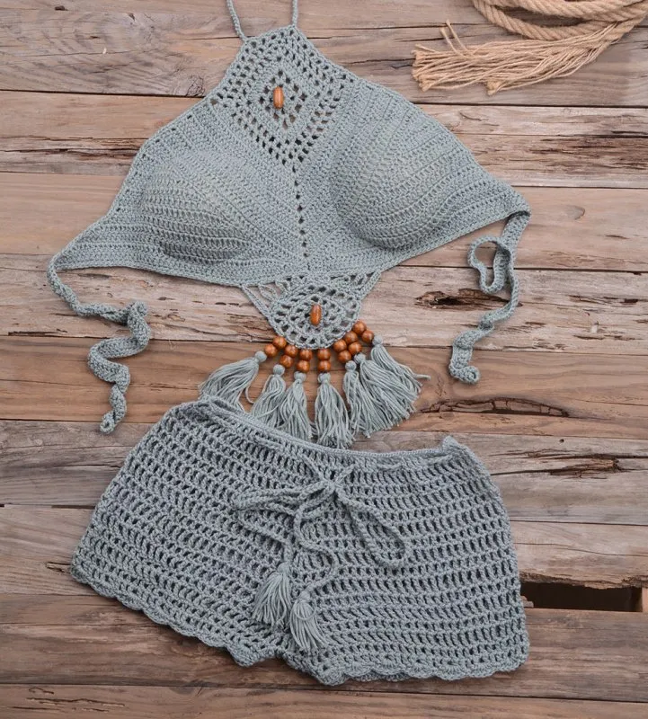 Hollow Out Cutout Beach Handmade Crochet Dangling Beads Split Bikini Swimsuit Set