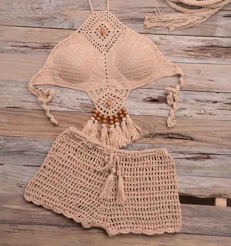 Hollow Out Cutout Beach Handmade Crochet Dangling Beads Split Bikini Swimsuit Set