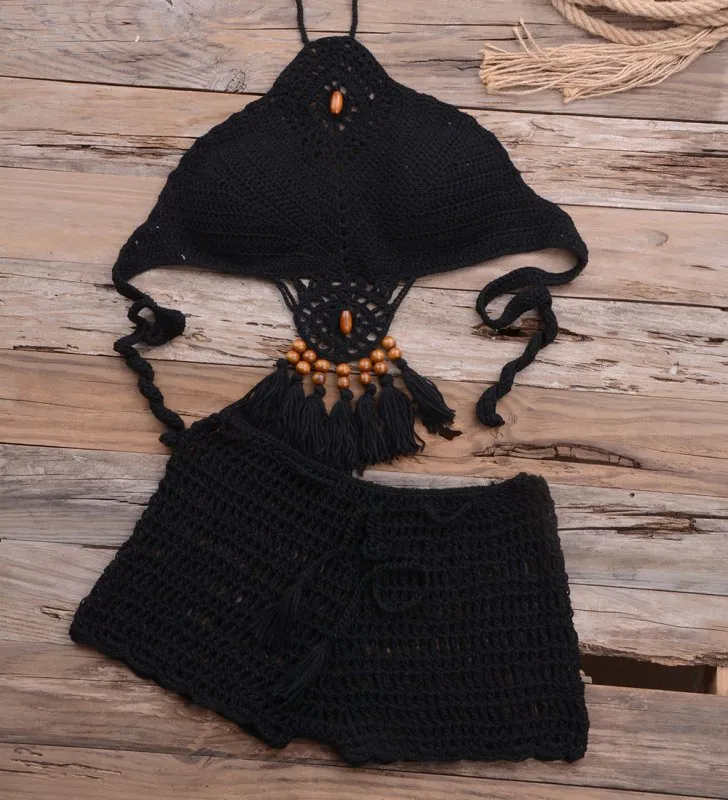 Hollow Out Cutout Beach Handmade Crochet Dangling Beads Split Bikini Swimsuit Set