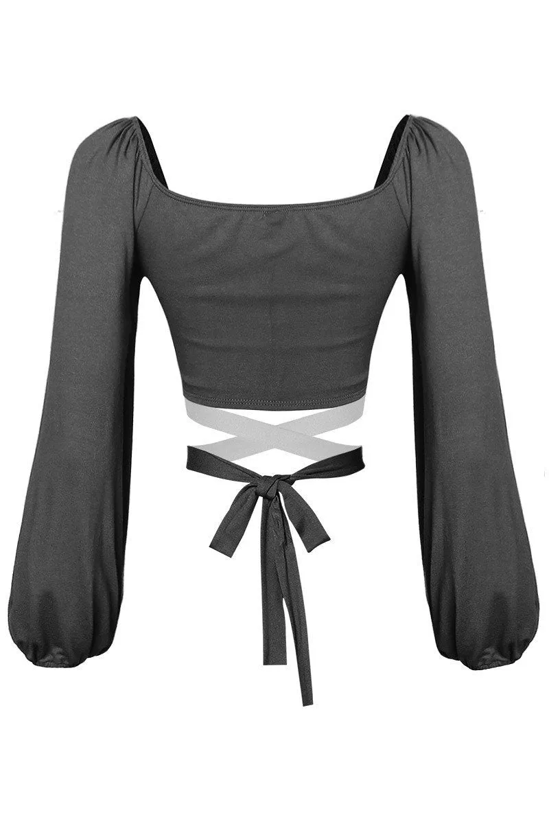 Jazz Puffy Long Sleeve Waist Tie Black Crop Top