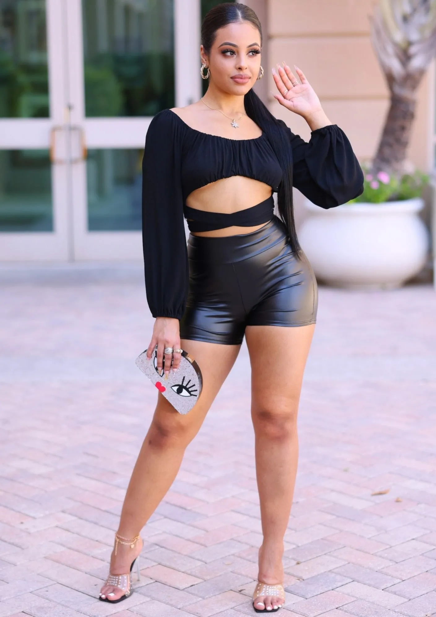 Jazz Puffy Long Sleeve Waist Tie Black Crop Top