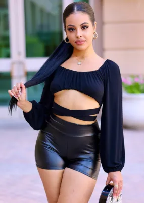 Jazz Puffy Long Sleeve Waist Tie Black Crop Top